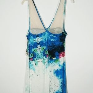 Townsen Women's Mini Dress S Small Blue White Print Stretch Knit Shift Mesh Top